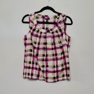 Talbots Sleeveless Tank Top 10P Purple Tan Black White Plaid Blouse